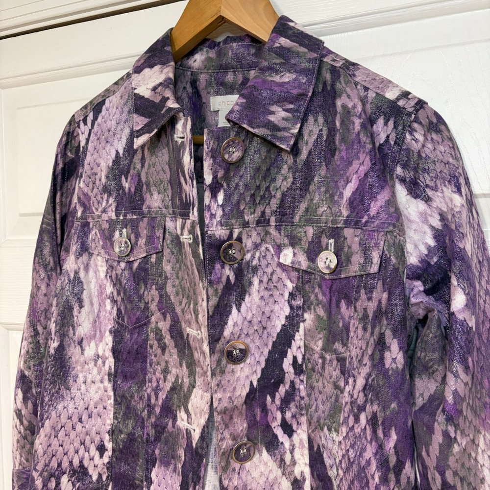 Chicos Womens S Purple‎ Shimmer Snake Light Denim Jacket 3/4 Sleeve Cotton Linen